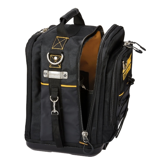 DEWALT photography bag with multiple compartments, black fabric with yellow trim, zippered pockets, and a sturdy handle on top.