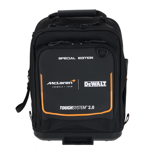 Black DEWALT ToughSystem 2.0 Special Edition bag with McLaren Formula 1 Team branding, front view.