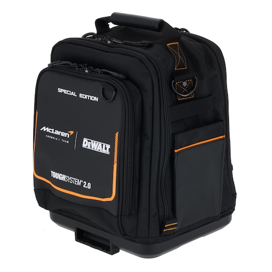 Black DEWALT TOUGHSYSTEM 2.0 Special Edition backpack with orange accents and a front zip pocket.