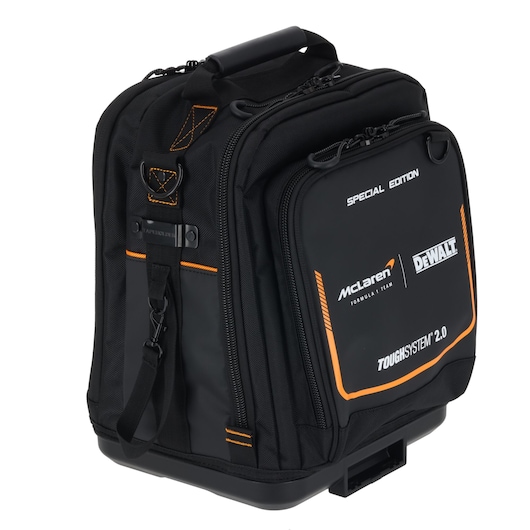 Black DEWALT ToughSystem 2.0 tool bag, McLaren special edition with orange accents and multiple compartments.