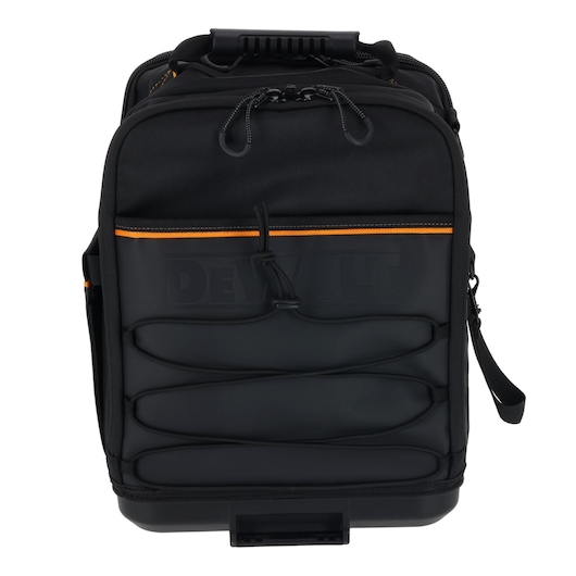 Black DEWALT backpack with orange trim, zippered compartments, and front elastic cords for storage.
