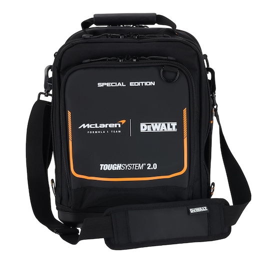 Black DEWALT ToughSystem 2.0 special edition bag with handle and shoulder strap, McLaren branding, front view.