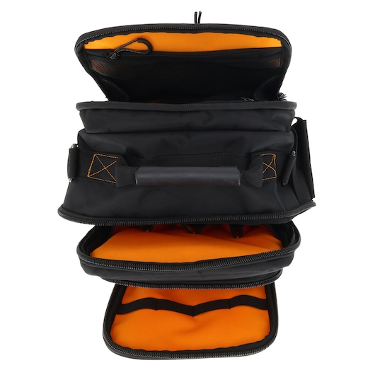 Black and orange photography bag with multiple zippered compartments, open to show internal storage.