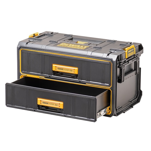 A DEWALT ToughSystem 2.0 storage box with two sliding drawers. The box is black with yellow accents, designed for durability and organization of tools or equipment.