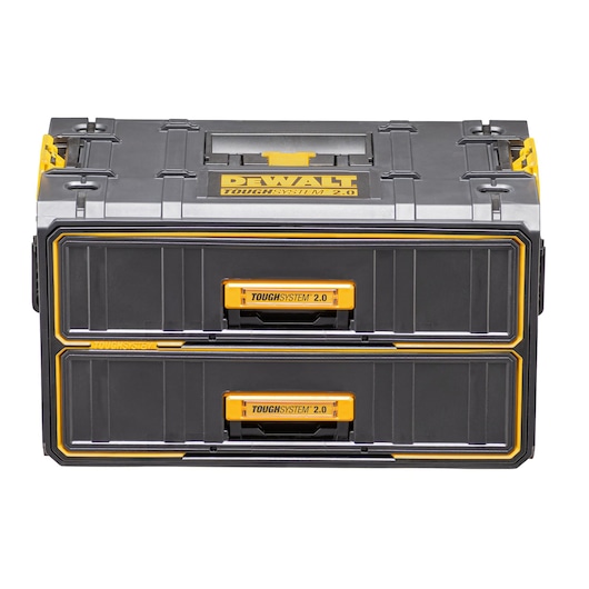 DEWALT ToughSystem 2.0 two-drawer organizer, featuring a rugged black and yellow design, suitable for storing tools and accessories.