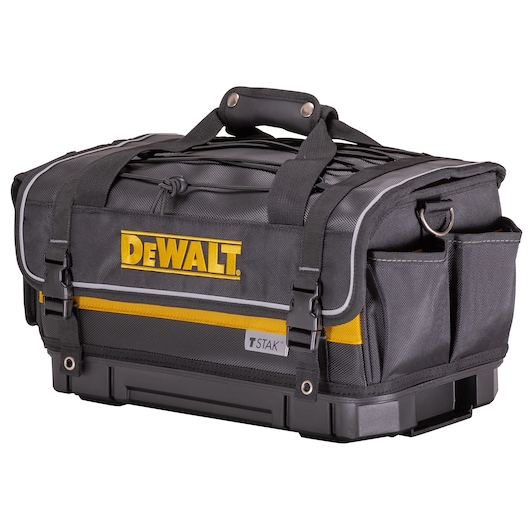 A black and yellow DEWALT TSTAK tool bag with multiple pockets, secure buckles, and a padded handle, designed for carrying tools and accessories.