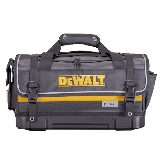A DEWALT branded black and yellow photography tool bag with a sturdy handle, adjustable straps, and a TSTAK label on the front. The bag is designed for durability and has reinforced corners.
