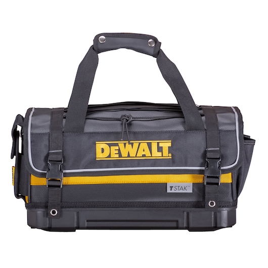 A black and yellow DEWALT TSTAK tool bag with sturdy handles and a reinforced base, designed for carrying tools and accessories.