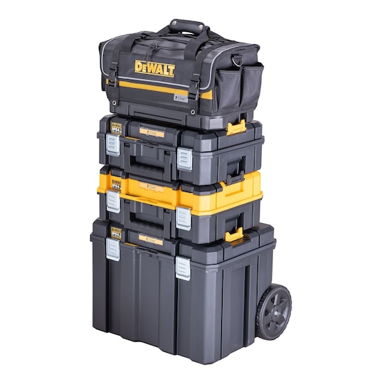 A stack of DEWALT TSTAK modular toolboxes and a tool bag, all in black and yellow, with the lower toolbox featuring wheels for mobility.