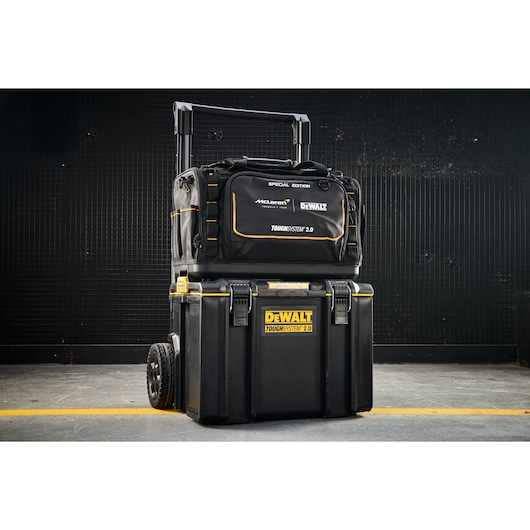 DEWALT ToughSystem 2.0 tool storage set with wheeled box and special edition bag, shown indoors.