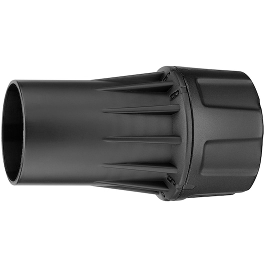 A close-up view of a DEWALT DWV9000 universal connector, a black cylindrical plastic accessory designed for attaching hoses to power tools.