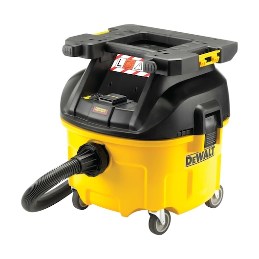 DEWALT yellow and black industrial vacuum cleaner with wheels and hose attachment, model DWV901LT.