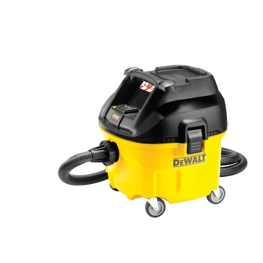 DEWALT yellow and black industrial vacuum cleaner with wheels and hose, model DWV901L.