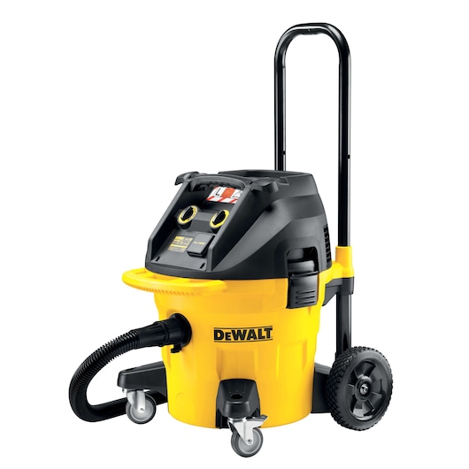 DEWALT yellow and black industrial vacuum cleaner with wheels and handle, model DWV902L.