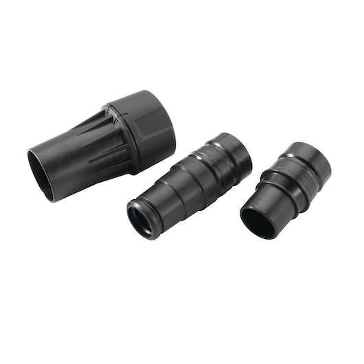 Three black DEWALT DWV9210 plastic adapter fittings for photography equipment on white background.
