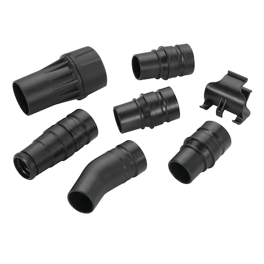 A DEWALT DWV9220 photography accessory set, showing seven black plastic connectors and adapters with different shapes and sizes, arranged on a white background.