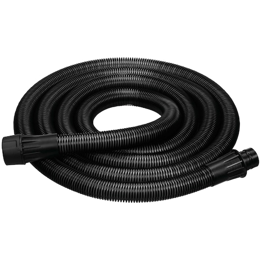 Coiled black flexible hose with connectors on both ends, suitable for use with vacuum cleaners or dust extractors.
