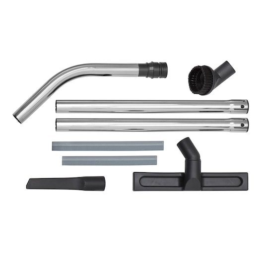 A set of DEWALT vacuum cleaner accessories, including two straight metal extension wands, one curved metal wand, a round dusting brush, a floor nozzle, a crevice tool, and two flexible gray inserts, displayed on a white background.