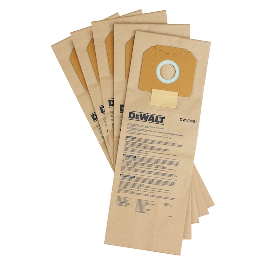 A set of five DEWALT DWV9401 replacement filter bags made of brown paper, fanned out. Each bag displays the DEWALT logo, product information, and a circular opening with a cardboard connector.