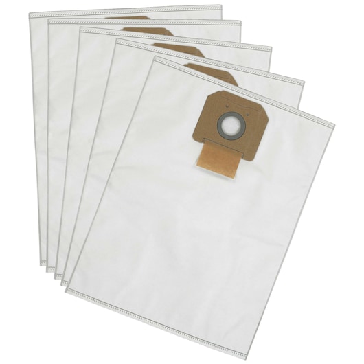 Five DEWALT vacuum dust bags shown, each made of white material with a cardboard collar and a circular opening for attachment.