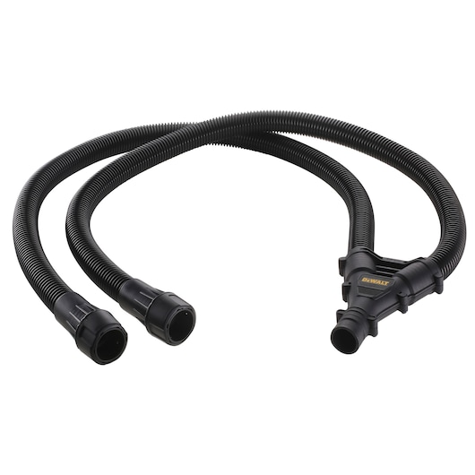 A DEWALT dual hose attachment with a Y-shaped connector and two flexible black hoses, designed for use with dust extraction or vacuum systems.