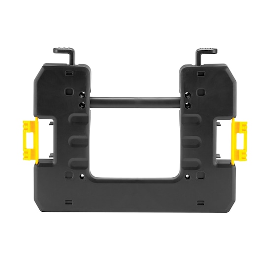 A DEWALT DWV9500 black plastic adapter plate with yellow clips, designed for attaching dust extractors to compatible power tools.