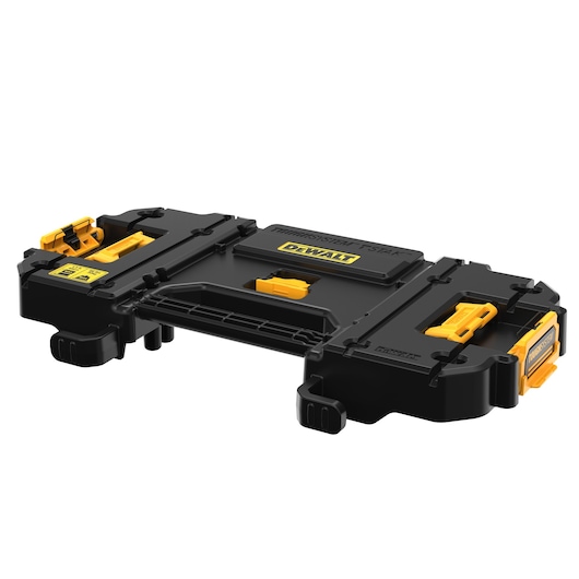 A black and yellow DEWALT plastic toolbox organizer with multiple latches and compartments, designed for secure storage and transport of tools.