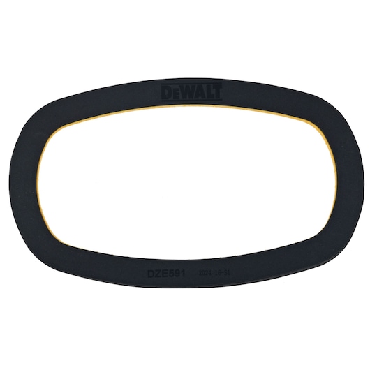 A black oval-shaped foam gasket with yellow accents, branded DEWALT, and labeled with the model number DZE591.