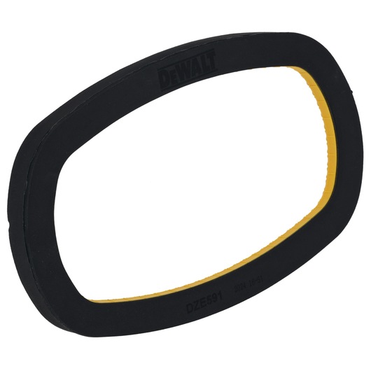 A close-up view of a DEWALT-branded black and yellow oval rubber gasket, labeled with the code DZE591. The gasket is isolated on a white background.