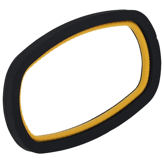 A close-up view of a DEWALT photography accessory, featuring a black oval frame with a yellow textured inner edge. The item appears to be a protective or gripping component.
