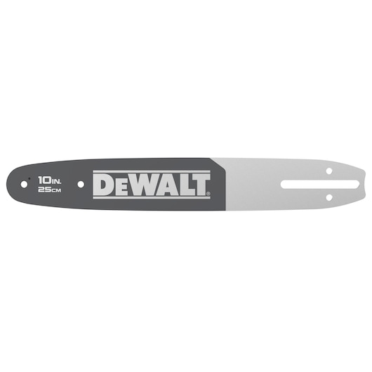 A DEWALT chainsaw guide bar, 10 inches (25 cm) in length, shown against a white background.