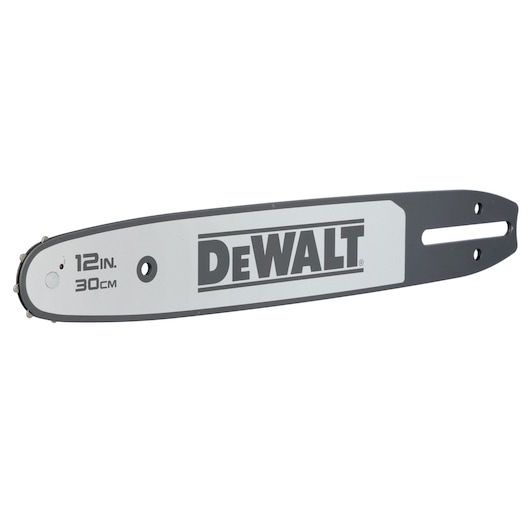 DEWALT 12-inch (30 cm) chainsaw bar, black and silver, shown isolated on a white background.