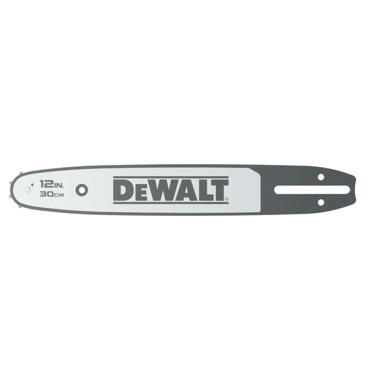 DEWALT 12-inch chainsaw bar, silver and black, model DZO6430, shows logo and length details.