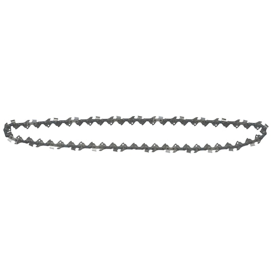A DEWALT replacement chainsaw chain, oval shape, metal links and teeth, shown on a white background.