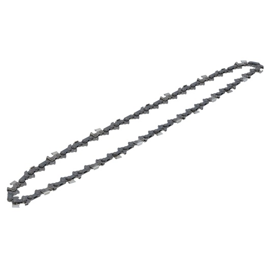 Metal chainsaw chain with sharp links arranged in a loop, shown on a white background.