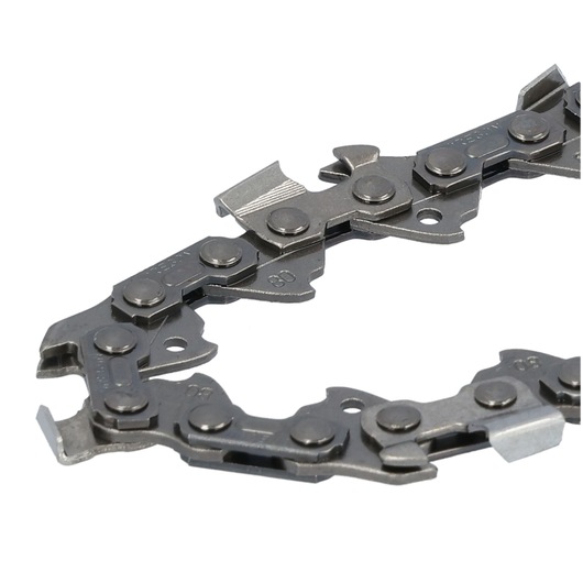 Close-up of a metal chainsaw chain with sharp cutting teeth, suitable for woodworking and outdoor use.