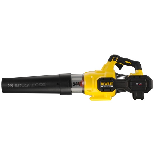 A DeWalt cordless brushless leaf blower with a yellow and black body, featuring a XR Brushless label and a 54V battery.