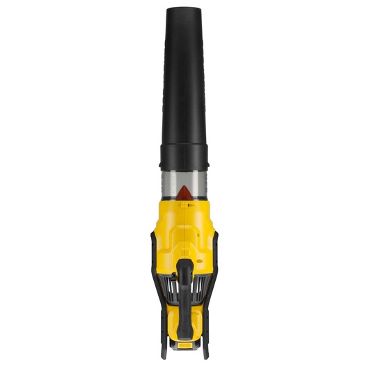 Front view of a yellow and black handheld blower device with a narrow nozzle and ergonomic handle, placed against a white background.