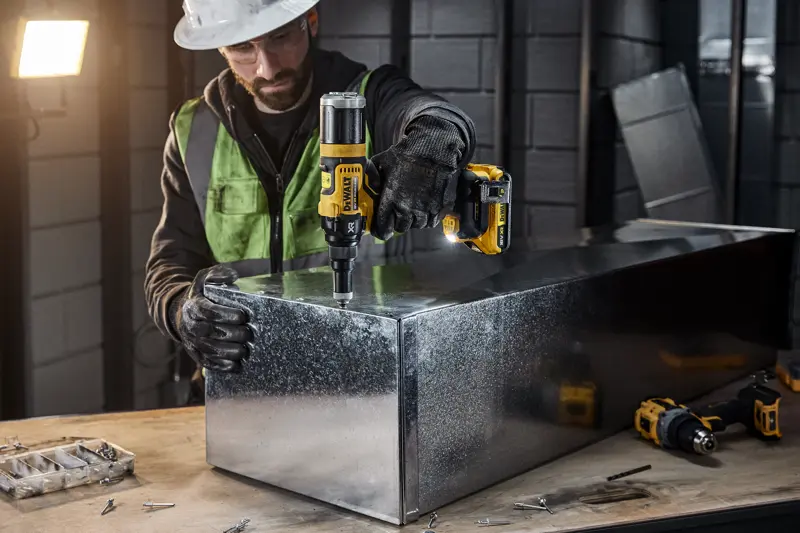 A person wearing safety gear uses a DEWALT DCF403NT cordless power tool to work on a metal box in an industrial workshop. Various screws and tools are visible on the workbench.