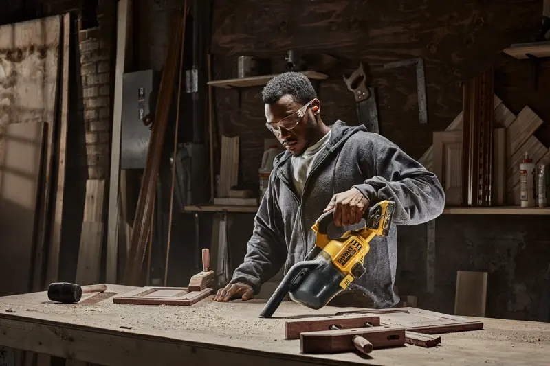 A person using a DEWALT portable vacuum cleaner model DCV501HB to clean sawdust from a workbench in a woodworking shop. Various tools and wooden pieces are visible on the table and shelves in the background.